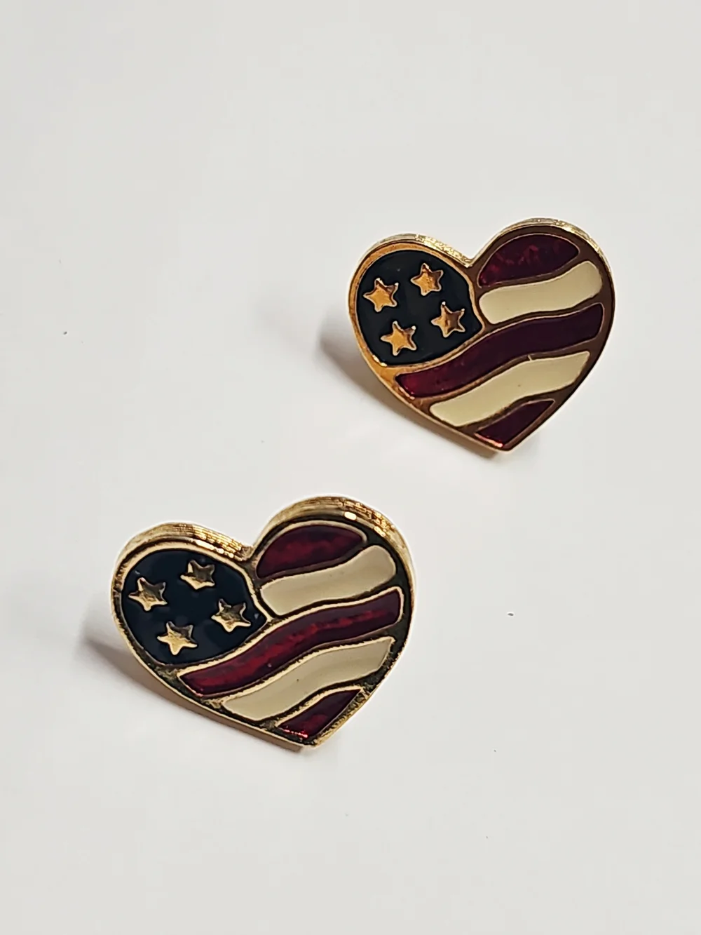 Avon Gold-Tone Heart Flag Enamel Stud Earrings - Red, White & Navy